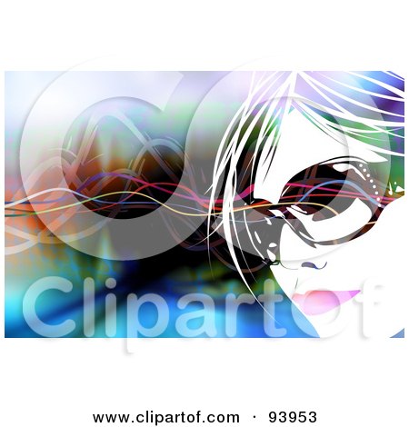 Royalty-Free (RF) Clipart Illustration of a Woman's Face Wearing Shades, Over A Colorful Background Of Waves by Arena Creative