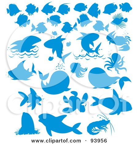 Royalty-Free (RF) Clipart Illustration of a Digital Collage Of Blue Silhouetted Sea Animals by Alex Bannykh