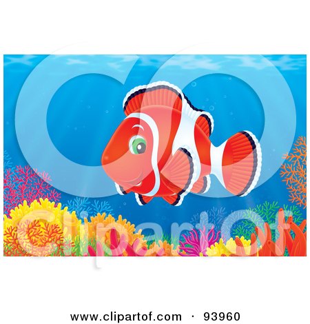 Royalty-Free (RF) Clipart Illustration of a Red Clownfish Over A Coral Reef In The Sea by Alex Bannykh