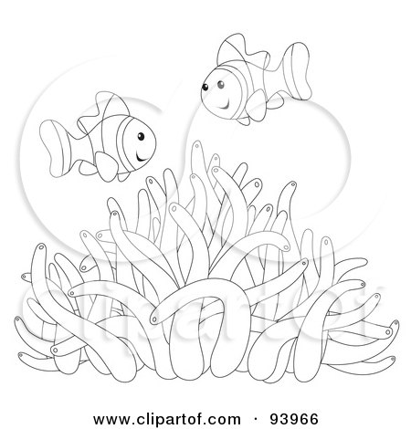 Royalty-Free (RF) Clipart Illustration of an Outline Of Clownfish Over A Sea Anemone by Alex Bannykh