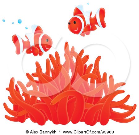 Royalty-Free (RF) Clipart Illustration of Two Airbrushed Red And White Clownfish With Bubbles Over A Red Sea Anemone by Alex Bannykh
