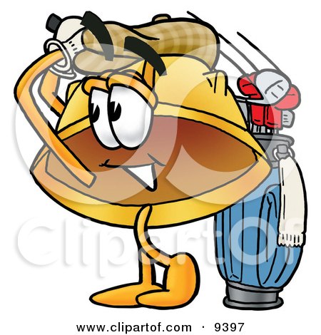 Clipart Picture of a Hard Hat Mascot Cartoon Character Swinging His Golf Club While Golfing by Mascot Junction