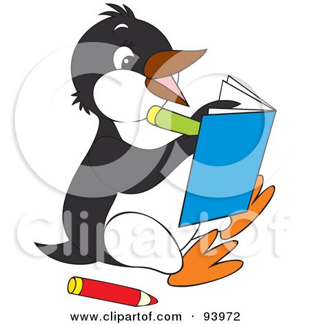 Royalty-Free (RF) Clipart Illustration of a Cute Penguin Coloring In A Book by Alex Bannykh