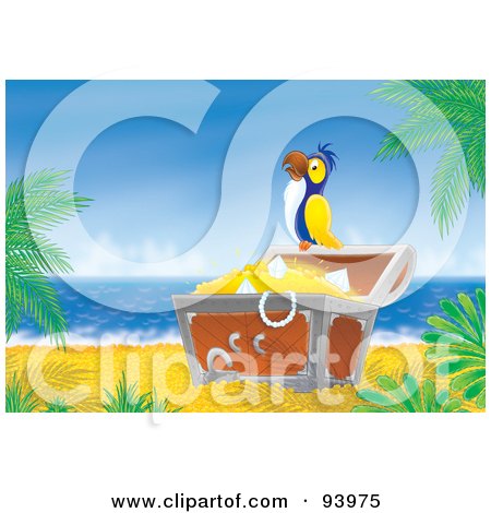 Royalty-Free (RF) Clipart Illustration of a Parrot Perched On A Treasure Chest Of Booty On A Tropical Beach by Alex Bannykh