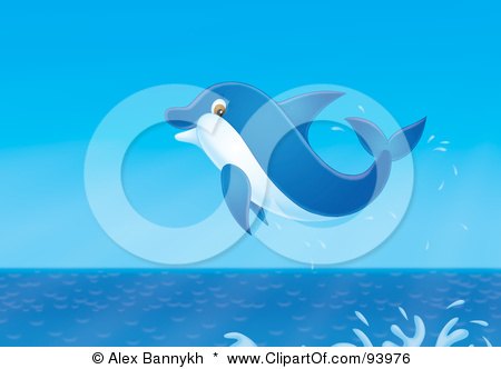 Royalty-Free (RF) Clipart Illustration of a Jumping Blue Dolphin With A Splash by Alex Bannykh