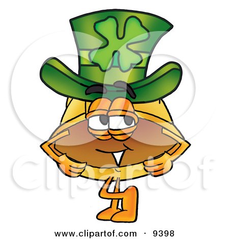 Clipart Picture of a Hard Hat Mascot Cartoon Character Wearing a Saint Patricks Day Hat With a Clover on it by Mascot Junction