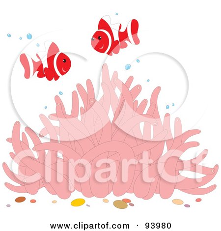 Royalty-Free (RF) Clipart Illustration of Two Happy Red And White Clownfish With Bubbles Over A Pink Sea Anemone by Alex Bannykh