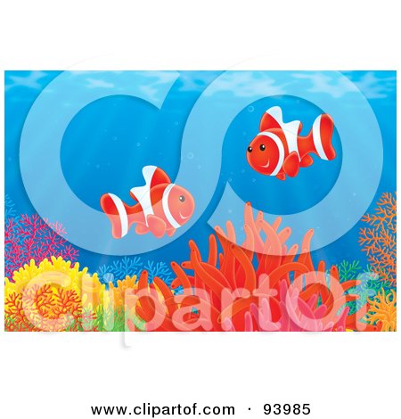 Royalty-Free (RF) Clipart Illustration of Two Red Clownfish Over A Coral Reef In The Sea by Alex Bannykh