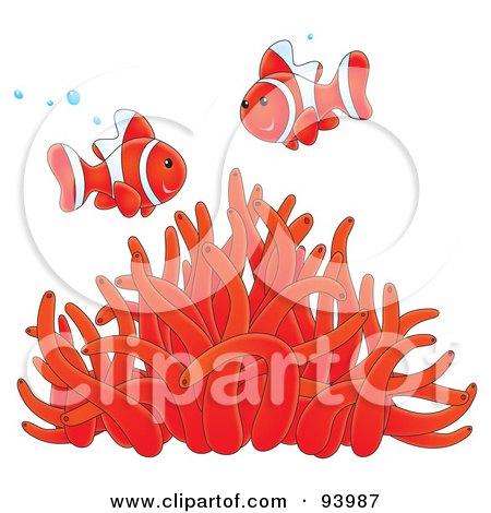 Royalty-Free (RF) Clipart Illustration of Two Happy Red And White Clownfish With Bubbles Over A Red Sea Anemone by Alex Bannykh