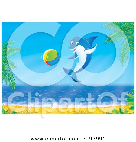 Royalty-Free (RF) Clipart Illustration of a Playful Blue Dolphin Jumping With A Ball By A Beach by Alex Bannykh