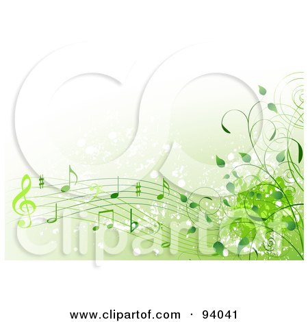 Royalty-Free (RF) Clipart Illustration of a Background Of Green Music Notes And Vines by Pushkin