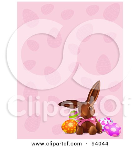 Royalty-Free (RF) Clipart Illustration of a Chocolate Easter Bunny And Eggs On A Pink Egg Background by Pushkin
