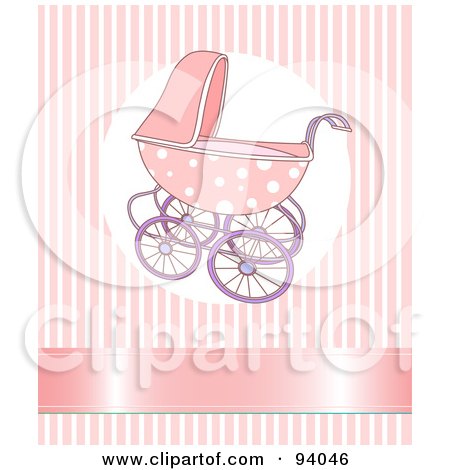 Royalty-Free (RF) Clipart Illustration of a Pink Baby Girl Stroller Over A Pink Striped Background With A Shiny Ribbon by Pushkin