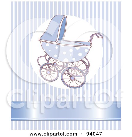 Royalty-Free (RF) Clipart Illustration of a Blue Baby Boy Stroller Over A Blue Striped Background With A Shiny Ribbon by Pushkin