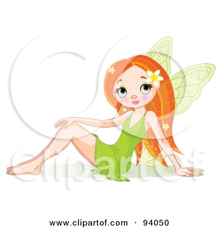Royalty-Free (RF) Clipart Illustration of a Pretty Spring Fairy In A Green Dress, Sitting On The Ground by Pushkin