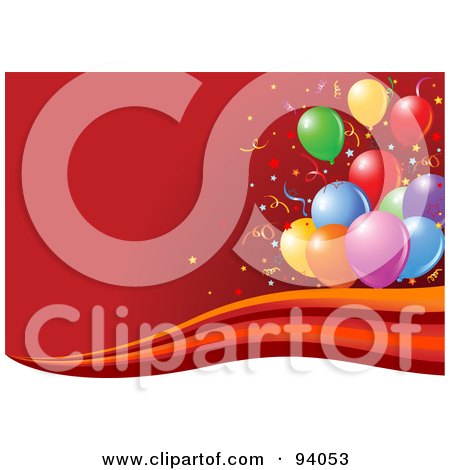 Royalty-Free (RF) Clipart Illustration of Colorful Balloons And Confetti Over A Red Background With A Wave by Pushkin