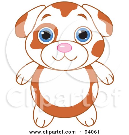 Royalty-Free (RF) Clipart Illustration of a Cute Spotted Puppy Dog With Big Blue Eyes by Pushkin