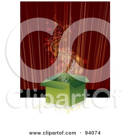 Royalty-Free (RF) Clipart Illustration of Stars Floating Out Of A Magic Green Gift Box On A Stage  by MilsiArt