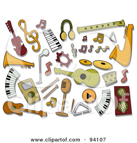 Royalty-Free (RF) Clipart Illustration of a Digital Collage Of A Group Of Music Icons And Items by BNP Design Studio