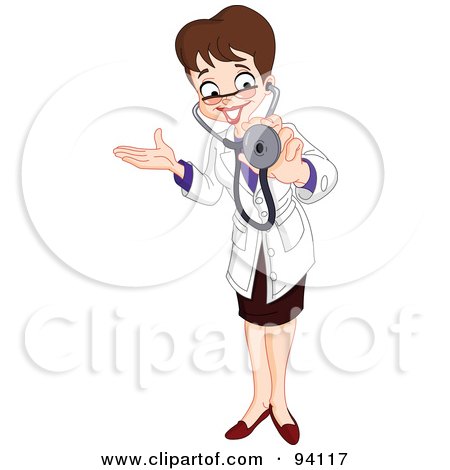 Royalty-Free (RF) Clipart Illustration of a Friendly Female Doctor Gesturing And Holding Out A Stethoscope by yayayoyo