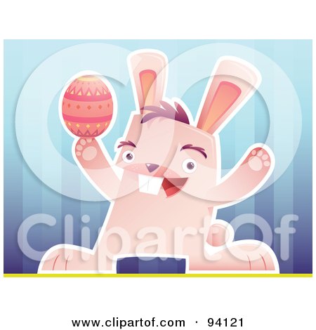 Royalty-Free (RF) Clipart Illustration of a Pink Rabbit Holding Up A Pink Easter Egg, Over Blue by Qiun