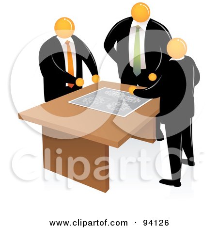 Royalty-Free (RF) Clipart Illustration of Orange Faceless Businessmen Discussing A Project Plan by Qiun