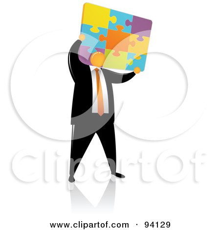 Royalty-Free (RF) Clipart Illustration of an Orange Faceless Businessman Holding Up A Colorfup Puzzle by Qiun