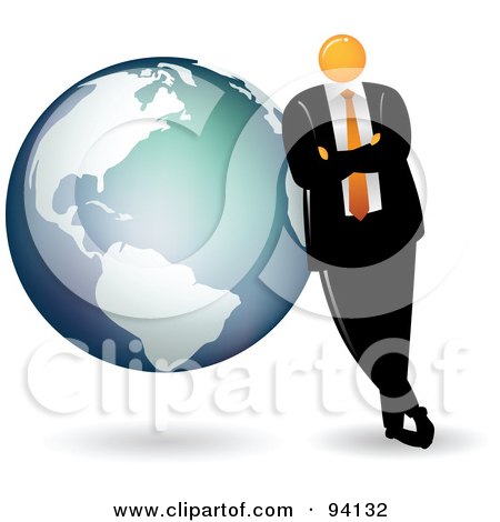 Royalty-Free (RF) Clipart Illustration of an Orange Faceless Businessman Leaning On A Globe by Qiun
