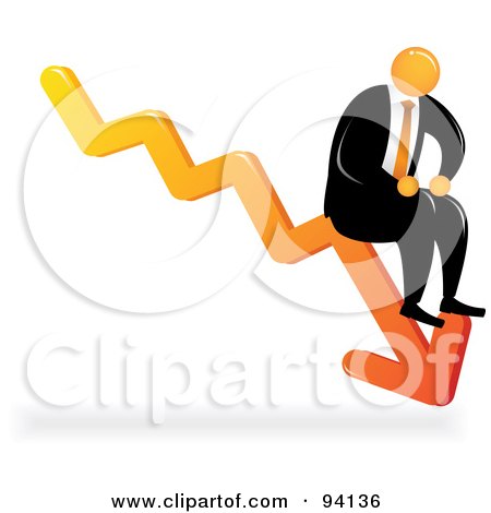 Royalty-Free (RF) Clipart Illustration of an Orange Faceless Businessman Sitting On A Downturn Arrow by Qiun
