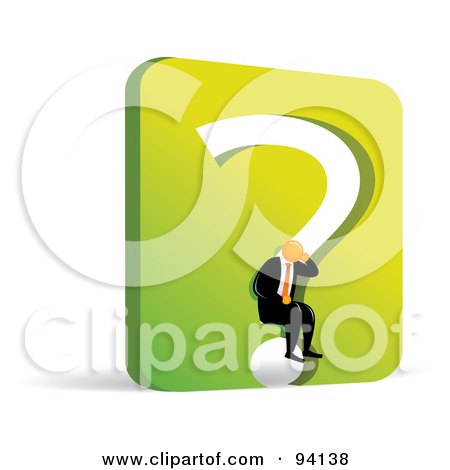 Royalty-Free (RF) Clipart Illustration of an Orange Faceless Businessman Sitting In A Green Question Mark Wall by Qiun