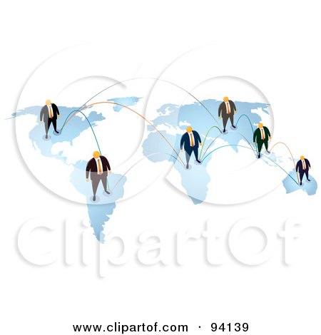 Royalty-Free (RF) Clipart Illustration of a Map Of Connected Orange Faceless Businessmen In A Network by Qiun