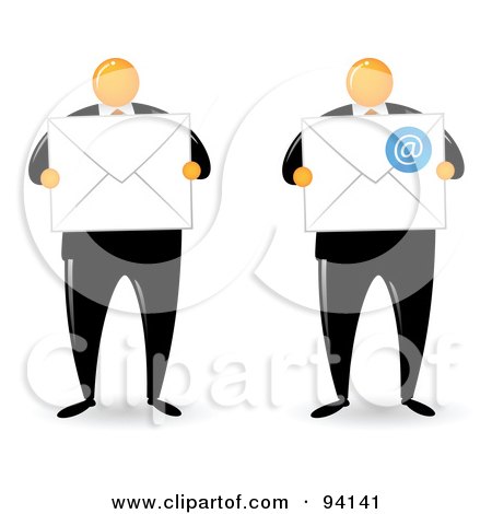 Royalty-Free (RF) Clipart Illustration of a Digital Collage Of An Orange Faceless Businessman Shown Holding Envelopes by Qiun