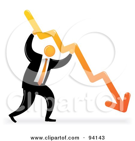 Royalty-Free (RF) Clipart Illustration of an Orange Faceless Businessman Holding A Decline Arrow by Qiun
