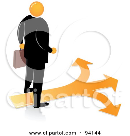 Royalty-Free (RF) Clipart Illustration of an Orange Faceless Businessman Over Orange Arrows Heading In Different Directions by Qiun