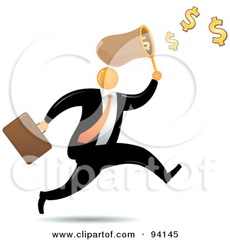 Royalty-Free (RF) Clipart Illustration of an Orange Faceless Businessman Running And Catching Dollars In A Net by Qiun