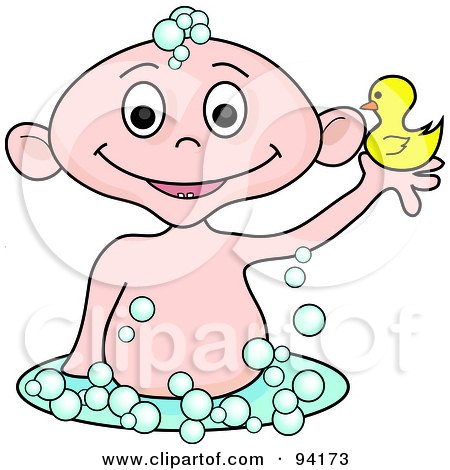 Royalty-Free (RF) Clipart Illustration of a Caucasian Baby Holding Up A Rubber Duck In A Bubble Bath by Pams Clipart