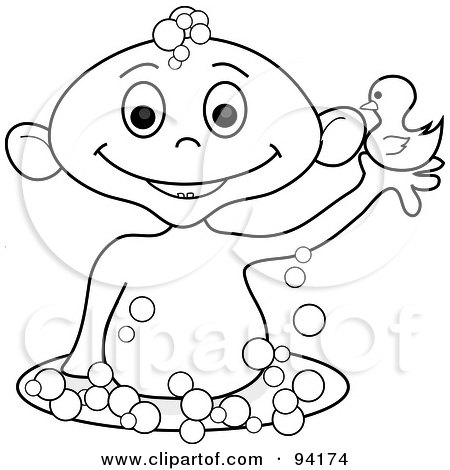 Royalty-Free (RF) Clipart Illustration of an Outlined Baby Holding Up A Rubber Duck In A Bubble Bath by Pams Clipart