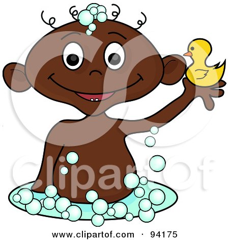 Royalty-Free (RF) Clipart Illustration of an African Baby Holding Up A Rubber Duck In A Bubble Bath by Pams Clipart