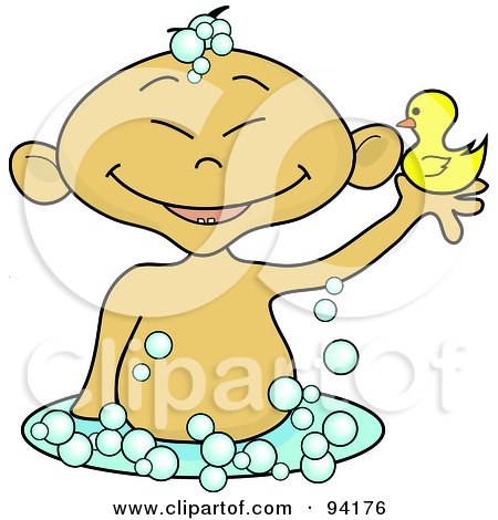 Royalty-Free (RF) Clipart Illustration of an Asian Baby Holding Up A Rubber Duck In A Bubble Bath by Pams Clipart