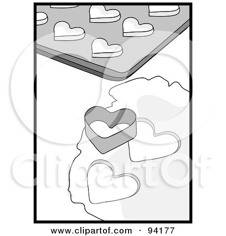 Royalty-Free (RF) Clipart Illustration of a Black And White Heart Cookie Cutter Resting On Dough By A Cookie Sheet by Pams Clipart