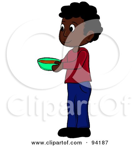 Royalty-Free (RF) Clipart Illustration of a Little African American Boy Standing And Holding A Bowl by Pams Clipart