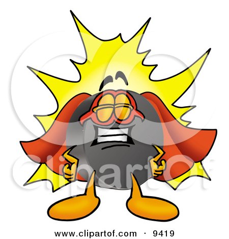Clipart Picture of a Hockey Puck Mascot Cartoon Character Dressed as a Super Hero by Mascot Junction