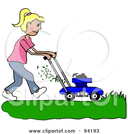 Royalty-Free (RF) Clipart Illustration of a Blond Caucasian Girl Mowing A Lawn With A Mower by Pams Clipart