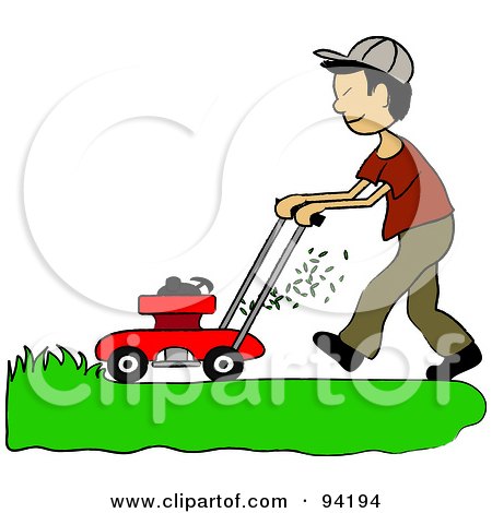 Royalty-Free (RF) Clipart Illustration of an Asian Boy Mowing A Lawn With A Mower by Pams Clipart