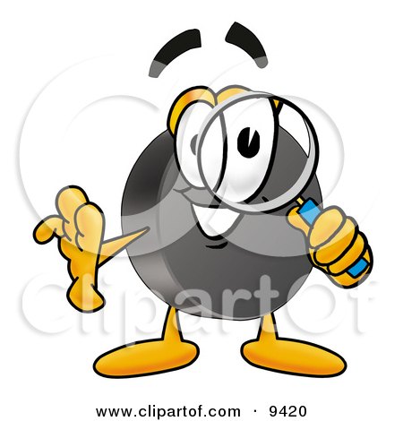 Clipart Picture of a Hockey Puck Mascot Cartoon Character Looking Through a Magnifying Glass by Mascot Junction