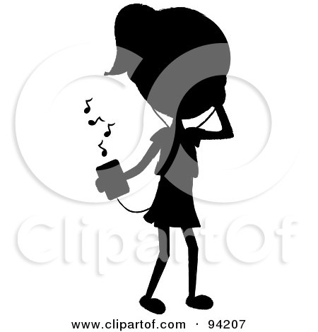 Royalty-Free (RF) Clipart Illustration of a Silhouetted Stick Girl Listening To Tunes With A Music Player by Pams Clipart