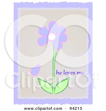 Royalty-Free (RF) Clipart Illustration of a Purple Flower With A Falling Petal And He Loves Me Text by Pams Clipart