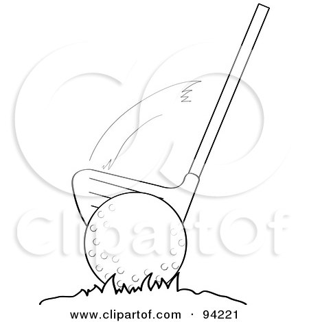 Royalty-Free (RF) Clipart Illustration of an Outlined Golf Club Swinging And Making Contact With A Ball On The Putting Green by Pams Clipart