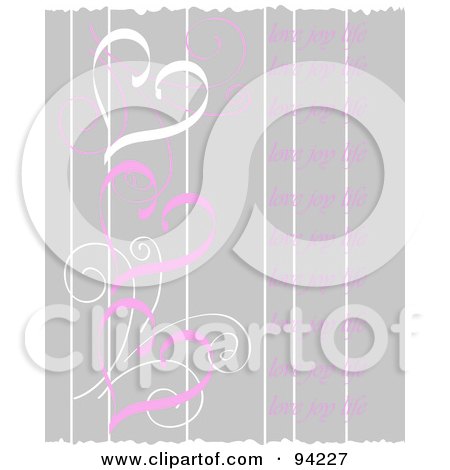 Royalty-Free (RF) Clipart Illustration of Swirly Hearts Over Gray With Love, Joy, Life Text by Pams Clipart