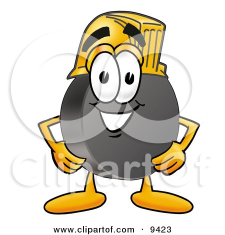Clipart Picture of a Hockey Puck Mascot Cartoon Character Wearing a Helmet by Mascot Junction